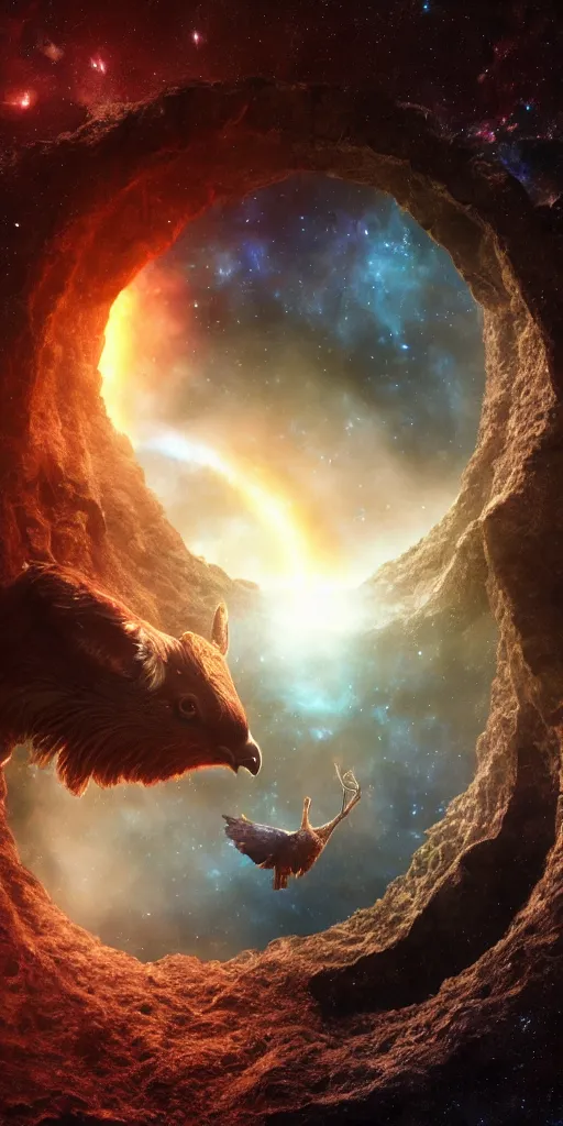 Image similar to a deer peering into a giant portal into the universe in the shape of a keyhole to the nebulae and galaxies, an eagle flying, beautiful matte painting by weta workshop 4 k, cinematic dramatic atmosphere, dramatic lighting, trending on artstation