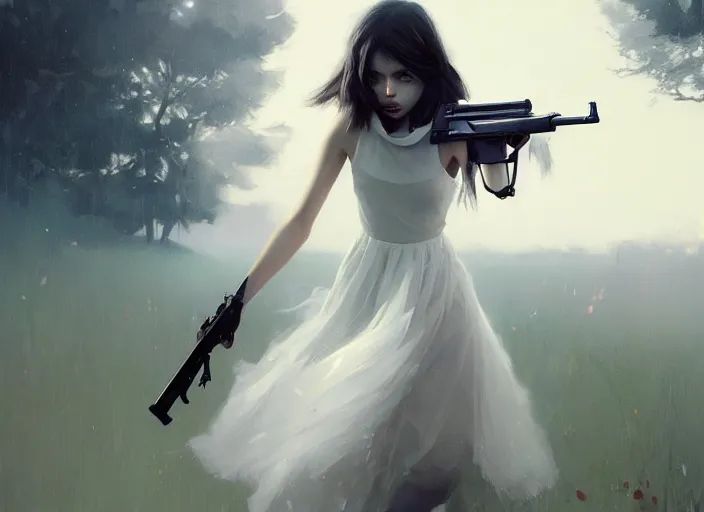 Prompt: white dress girl chasing from crazy grim reaper, holding a gun, messy hair, messy lines, scared face, beautiful and aesthetic and attractive, dramatic situation, specular reflection, occlusion shadow, intricate, bokeh, by ilya kuvshinov and jeremy lipking and quentin mabille