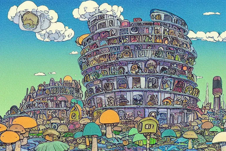 Prompt: mushroom cloud ghost city in the style of studio ghibli, miyazaki, jim woodring, edvard munch