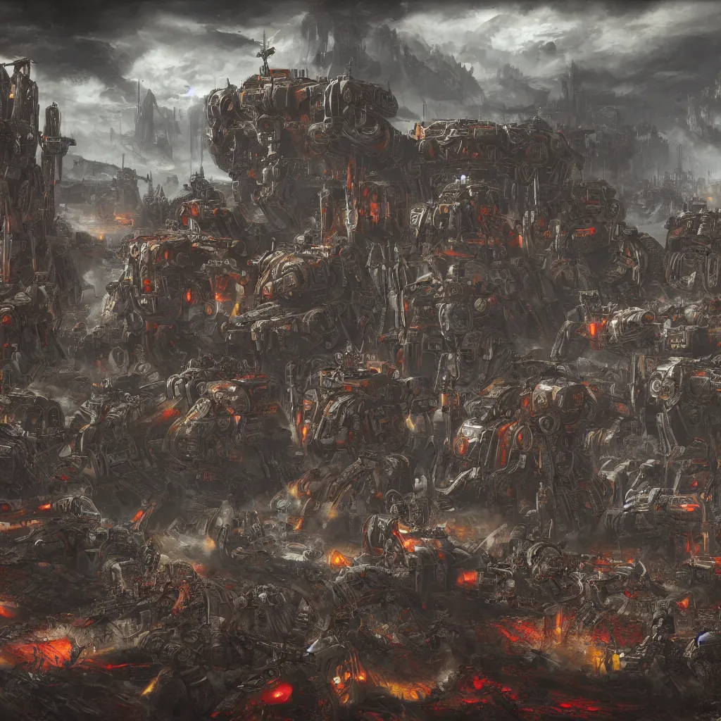 Image similar to matte painting of Adeptus Mechanicus legion, by Lewis Jones, praise the omnissiah, preparing for battle, concept art, cool hue, cool tone, digital painting, Warhammer 40K, cybernetics, high detail