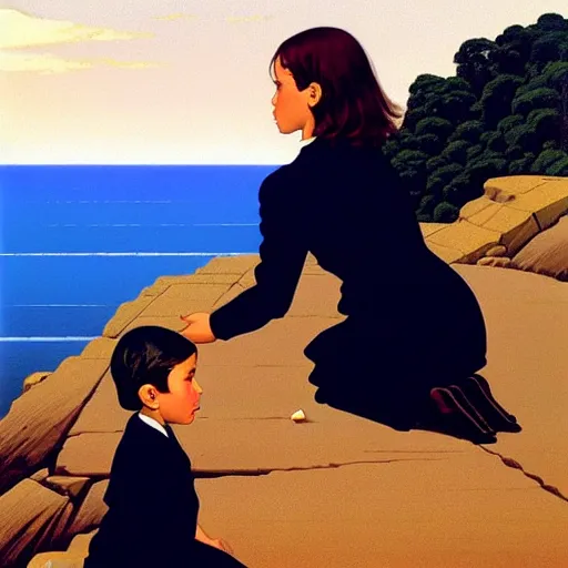 Image similar to asymmetrical, 6 year old girl kneels at edge of cliff facing a gigantic son, by jack vettriano,