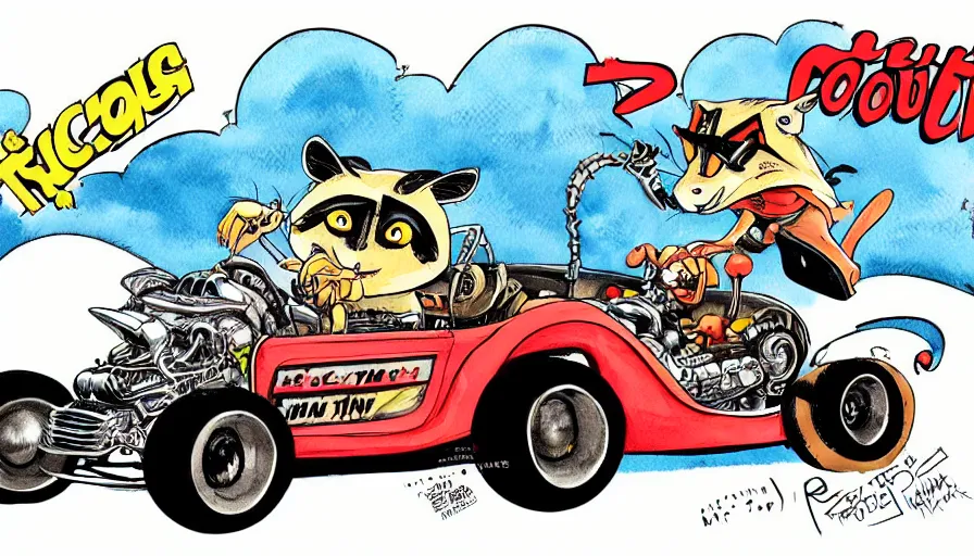 Image similar to funny, comic book style, racoon riding in a tiny hot rod coupe with oversized engine, ratfink style by ed roth, centered award winning watercolor pen illustration, by chihiro iwasaki, edited by range murata