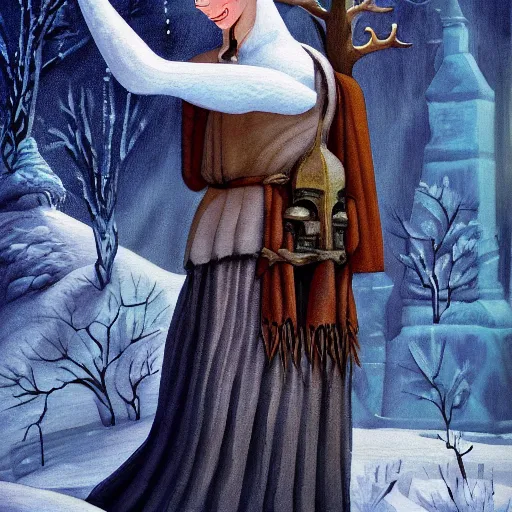 Image similar to painting of frozen medieval peasant ice statue, dark fantasy, fairytale