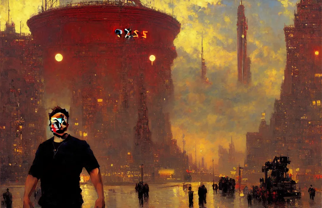 Image similar to portrait of elon musk!!!!!!!!!!!!!!!!!!!!!!!!!!!, detailed face, detailed painting, detailed city background, epic lighting, by ilya repin and phil hale