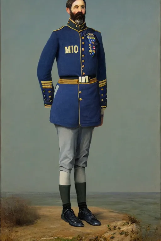 Image similar to full body portrait of the dictator of the minnesota timberwolves, 1 8 8 9, in full military garb, midnight blue, aurora green, lake blue, moonlight grey, oil on canvas by william sidney mount, trending on artstation