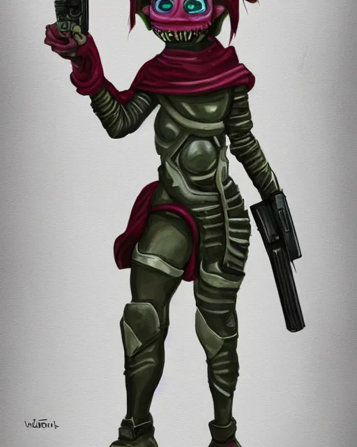 Image similar to sci fi goblin girl holding a laser rifle, concept art, full body