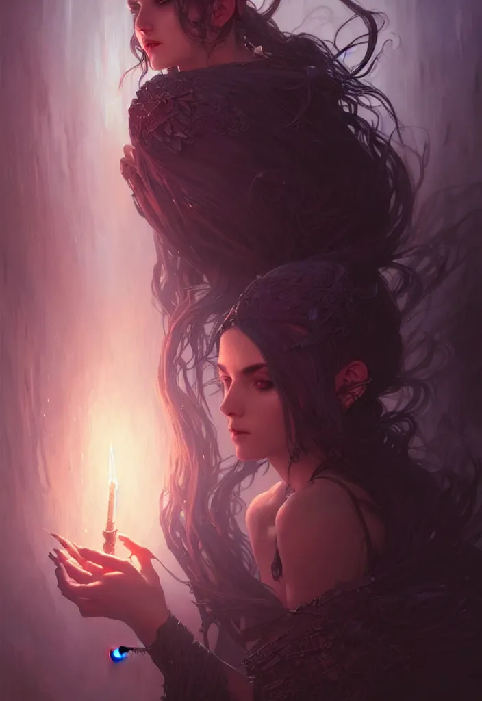 Prompt: Necromancer Sorceress filled background around face, fantasy magic, undercut hairstyle, dark light night, intricate, elegant, sharp focus, illustration, highly detailed, digital painting, concept art, matte, art by WLOP and Artgerm and Greg Rutkowski and Alphonse Mucha, masterpiece