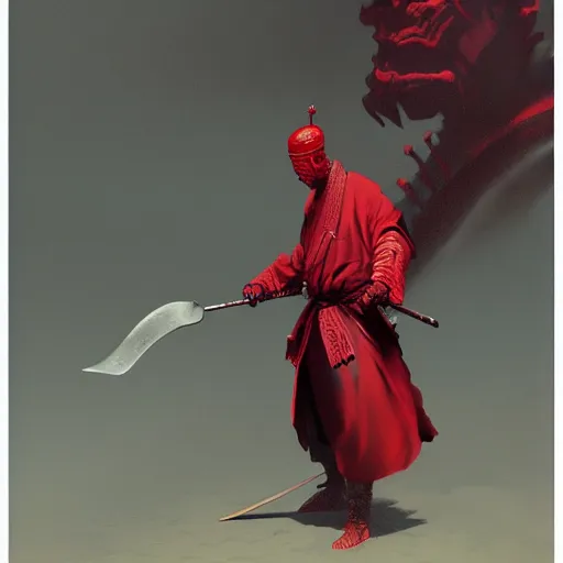 Image similar to the red samurai, trending on artstation, 8 k, by gerard brom and zdzisław beksinski