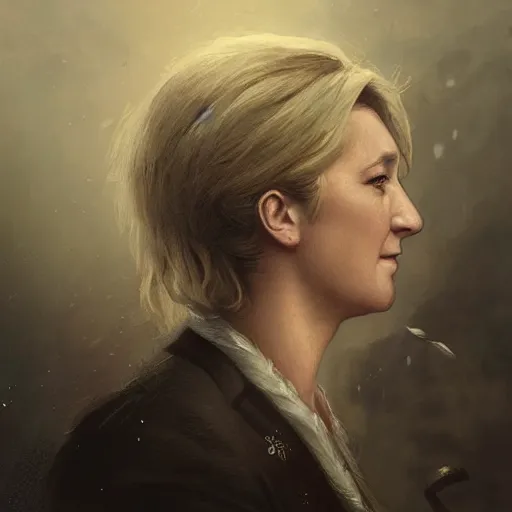 Image similar to Portrait of Marine le Pen , french revolution, heroic, amazing splashscreen artwork, splash art, head slightly tilted, natural light, elegant, intricate, fantasy, atmospheric lighting, cinematic, matte painting, detailed face, by Greg rutkowski