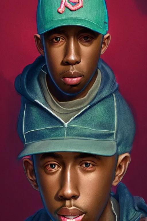 Image similar to photorealistic portrait of tyler the creator with baseball hat, staring directly into camera, intricate, elegant, glowing lights, highly detailed, digital painting, artstation, sharp focus, illustration, art by wlop, mars ravelo and greg rutkowski