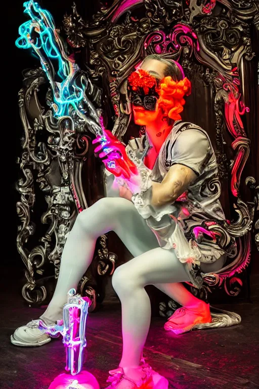 Prompt: full-body rococo and cyberpunk style neon statue of a young attractive Rafael wearing cholo shades macho dotado e rico android sim roupa reclining con las piernas abertas e la piroca dura, ethereal white dripping tar, glowing orange lasers, pink tigers, glowing eyes, silver prince crown, black gears, pink diamonds, swirling mint-colored silk fabric. futuristic elements. full-length view. human skulls. large intricate artwork by caravaggio. Trending on artstation, octane render, cinematic lighting from the right, hyper realism, octane render, 8k, depth of field, 3D