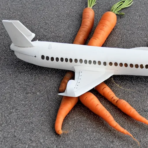 Image similar to a plane made out of carrots and dollar bills flying past the sun