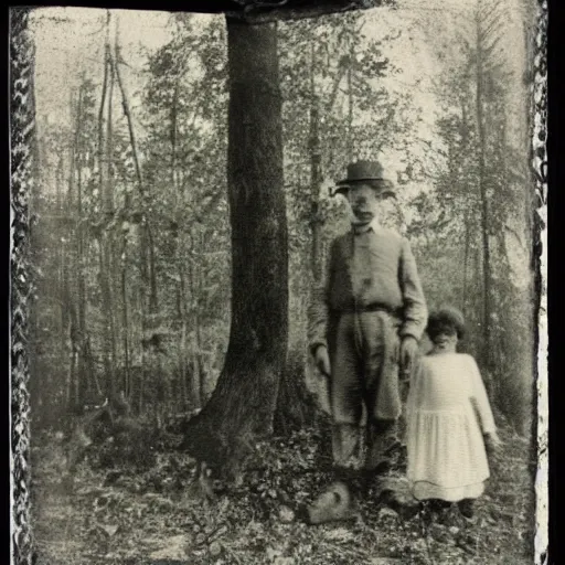 Prompt: leaked photo of a strange creature and a kid in the woods daguerrotype