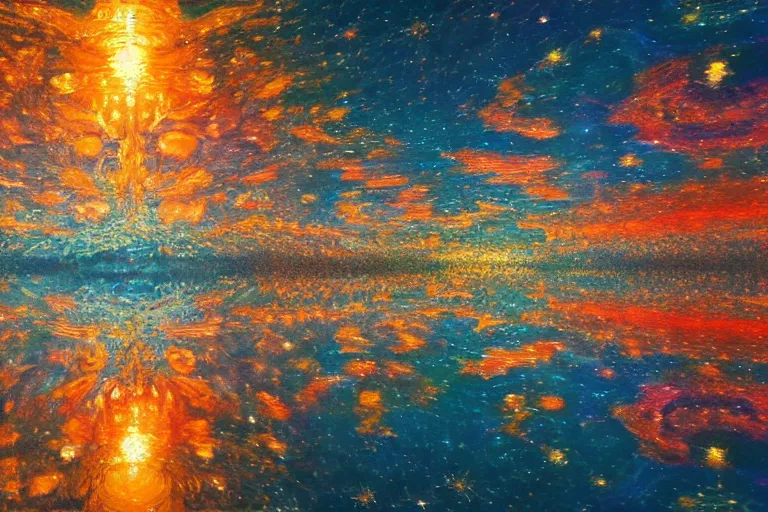 Prompt: Beautiful impressionistic painting, of fractal cosmic lights, water reflection, intricate details, high quality, 8k, wide lens atmospheric photo, color grading !dream