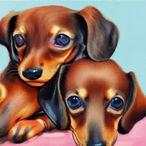 Image similar to color painting of dachshund puppies cuddling together