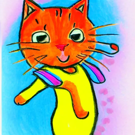 Image similar to a crayon child drawing of a cat dancing