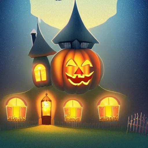 Image similar to very cute adorable digital Illustration of a Halloween house on a round small hill. Glaring lights coming out of the windows. backlit house, moon shining onto the house. Cinematic lighting, movie poster. Award winning digital illustration trending on artstation. art nouveau in the style of Émile Gallé. Very detailed and beautiful digital art