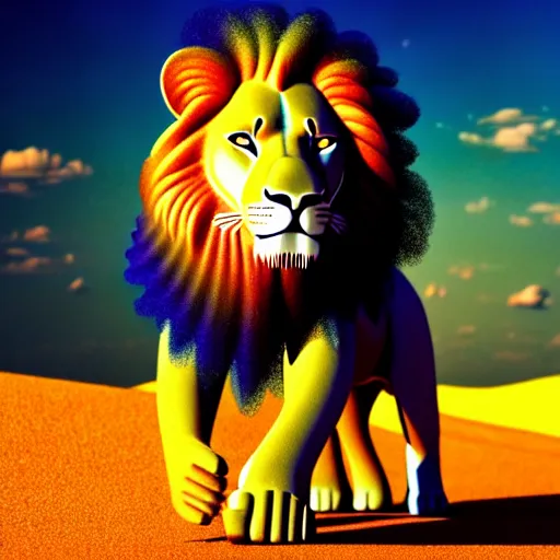 Prompt: lion made of rainbow sand, multicolor, colour in fringes, very colourful, volumetric light, cinematic, extremely detailed, cgi, trending on artstation, hyper realistic, hd wallpaper, sharp, michael whelan, ted nasmith