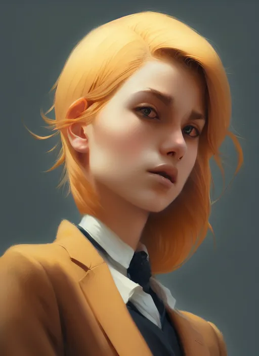 Image similar to ultradetailed beautiful panting of a stylish young lady wearing a brown foxgirl suit, dramatic, she has blond hair, distressed, volumetric light, by greg rutkowski, ilya kuvshinov, james jean, makoto shinkai, on artstation