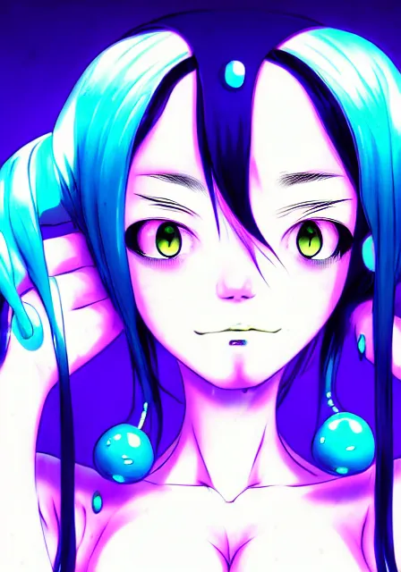 Image similar to eyes, portrait of a beautiful slime woman by aramaki shinji, tsurumaki kazuya, smug, 8 k, hd, saturated, flcl, hyperreality, masterpiece, symmetry