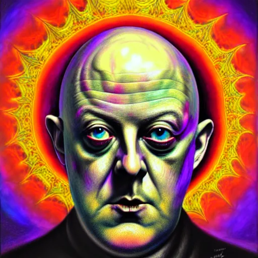 Image similar to An extremely psychedelic portrait of Aleister Crowley, surreal, LSD, face, detailed, intricate, elegant, lithe, highly detailed, digital painting, artstation, concept art, smooth, sharp focus, illustration