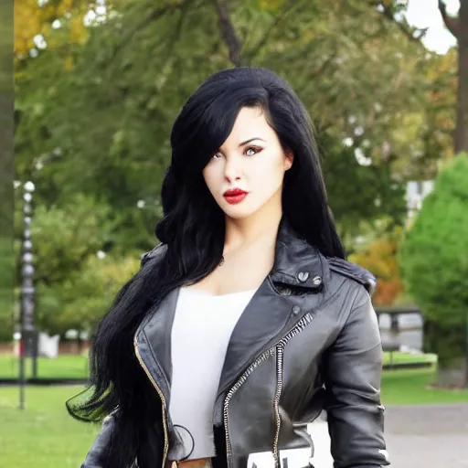 Prompt: woman with black hair and a leather jacket in a beautiful park by artgerm