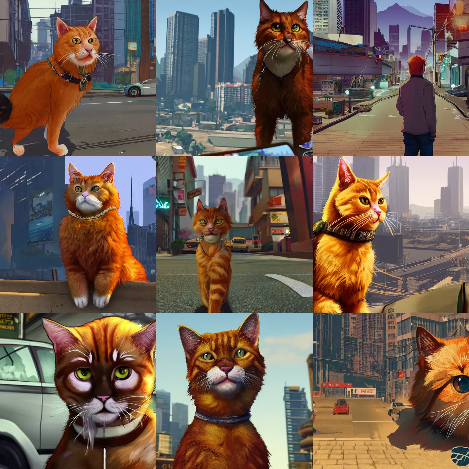 Prompt: full - frame of ginger - cat, as a character from gtav, in he background gtav - city, looking at camera, intricate, extremely detailed, concept art, artstation