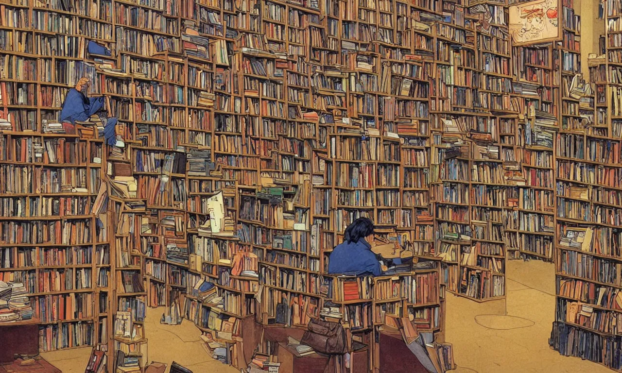 Prompt: bookseller in a bookstore moebius