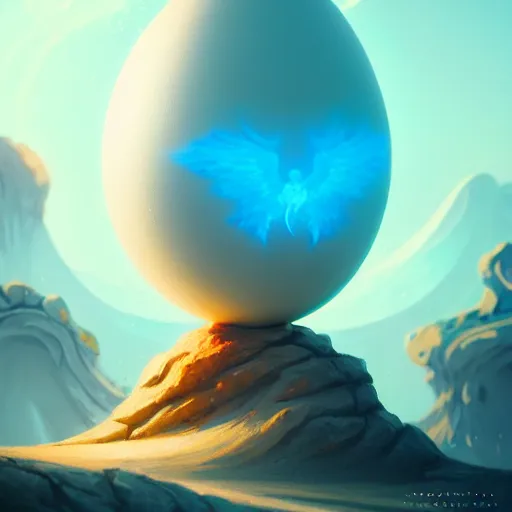 Image similar to magic frost and ice phoenix egg, rock and sand around, peter mohrbacher style, ray tracing, cinematic, digital art, realistic, wallpaper size, octane render