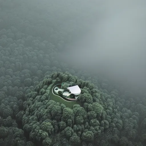 Image similar to An aerial photograph of a music-note-shaped building. The building is on top of a misty hill, photorealistic, highly detailed, sharp focus, smooth, octane render, 4K, digital art