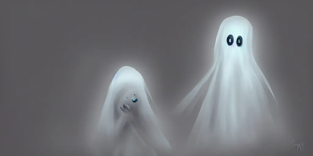 Image similar to Digital painting of a cute ghost scared in a big sparse white room with lots of little boys by Greg Rutkowsky trending on Artstation