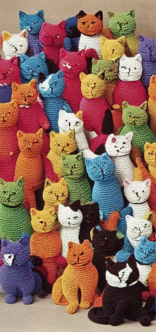 Image similar to multicolored crocheted cats, 1 9 4 0 s catalogue photo,