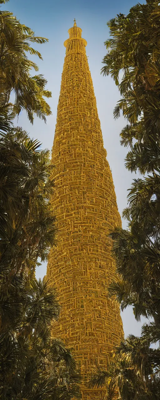 Prompt: eye level view of single tower, golden facade babylon tower, sacred ancient architecture, hanging gardens, cascading highrise, arid mountains with lush palm forest, sunlight, post - production, octane, cgi, sfx, beautiful dynamic lighting, cinematic, extremely high detail, photo realistic, cinematic lighting, 8 k
