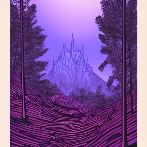 Prompt: giger illustration dark purple zig - zag path. evil fantasy castle over a high dark blue hill at night. orange to pink gradient sky and thunderstorm background. forest underneath