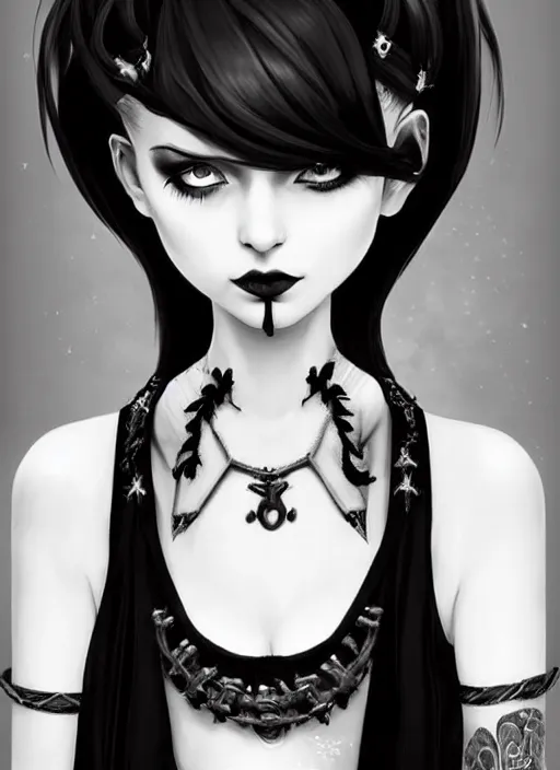 Image similar to old black and white photo with a beautiful portrait of a goth girl with piercings in a collar with a mohawk hairstyle in a medieval dress. witch, true goth, makeup. by ilya kuvshinov, rossdraws, artgerm, sola digital arts, anti aliasing, raytracing