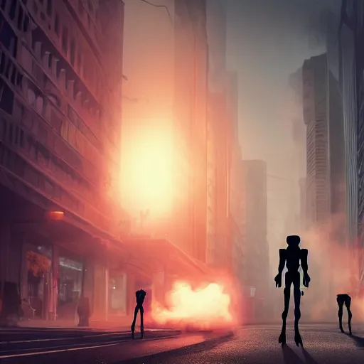 Prompt: apocalyptic, robot aliens walking on the future streets. a black cat. smoke. volumetric lighting, sharp focus, ultra detailed, cgsociety - w 1 0 2 4 - n 8 - i