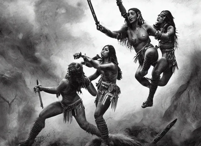 Prompt: movie, ancient Battlefield, beautiful aztec warrior females fight in air, epic, vintage, black and white, Boris vallejo, sepia, apocalypto