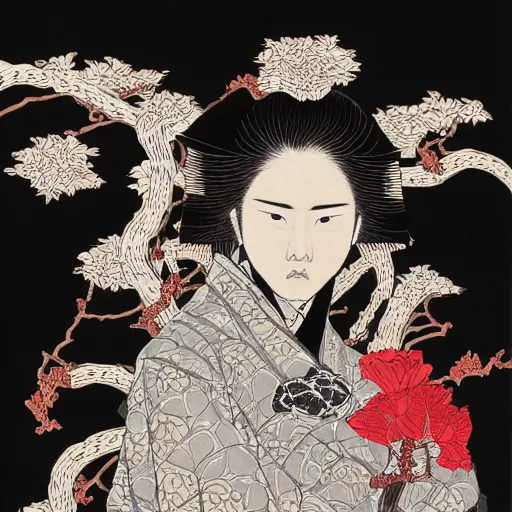 Image similar to a ultra detailed illustration of a samurai, roses, vines, by Takato Yamamoto, trending on ArtStation,