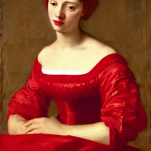 Prompt: sublime portrait of a woman in a red satin dress, very pale, graceful, Vermeer, Bouguereau, Van Dyck, Ingres, Rubens, Carolus-Duran, strong dramatic cinematic lighting, 17th-century, extremely detailed, dark background