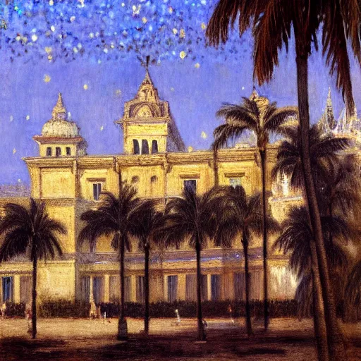 Image similar to a ultradetailed beautiful painting of the night on the amazonas palace by jules bastien - lepage, hans belmer, frank weston and gustave baumann, trending on artstation, mediterranean, palm trees, light sparkles, sharp focus, soft light, 8 k 4 k