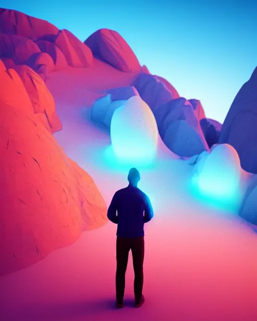 Image similar to a man standing in the middle of a mountain looking at a glowy shape, a render by filip hodas, behance contest winner, environmental art, rendered in cinema 4 d, volumetric lighting