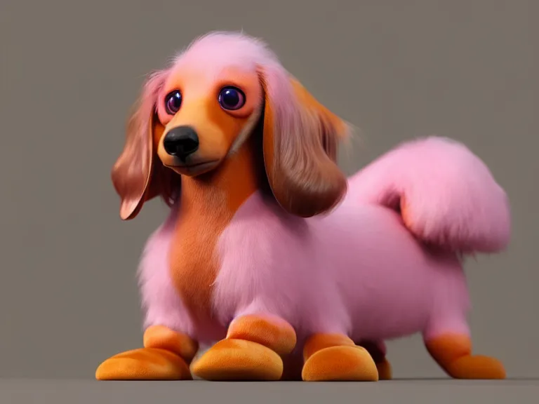 Image similar to high quality 3 d render hyperrealist very cute multipastel very fluffy smooth dachshund plush mascot, vray, smooth in the background, artstation, ultra detailed, octane render