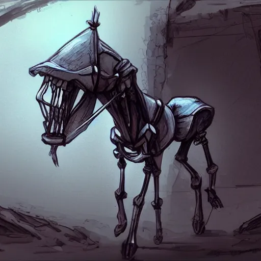 Image similar to very detailed concept art of a skeleton horse with a hooded capped figure riding the skeleton horse