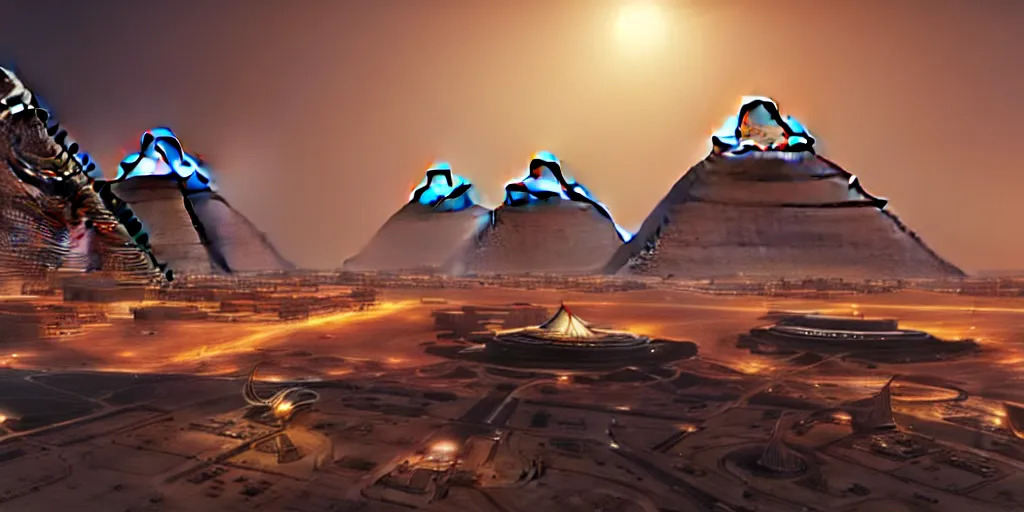 Image similar to a beautiful view of a spaceport at the pyramids, matte painting, cinematic lighting, hyper - detailed, 4 k, scifi