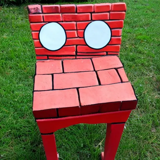 Prompt: chair made out of red bricks with googly eyes, art project