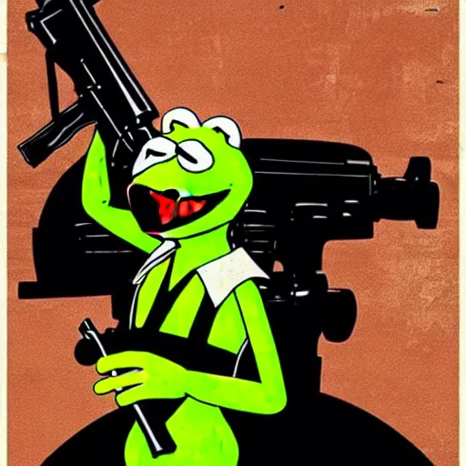 Prompt: Kermit holding a Kalashnikov rifle, side profile, two tone, propaganda poster, oppressive, weathered poster, very detailed, stark, cold war aesthetic