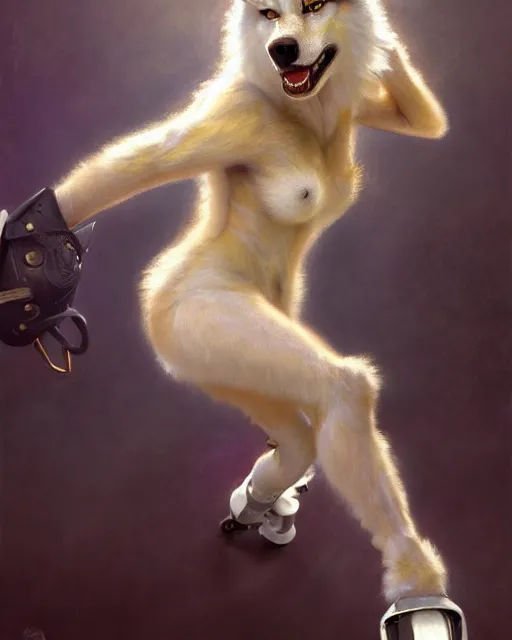 Image similar to white female anthro wolf skating at a roller derby, female fursona, 4 k, trending on artstation, very expressive detailed face, by gaston bussiere, craig mullins, j. c. leyendecker, gustav klimt, artgerm, greg rutkowski, alphonse mucha