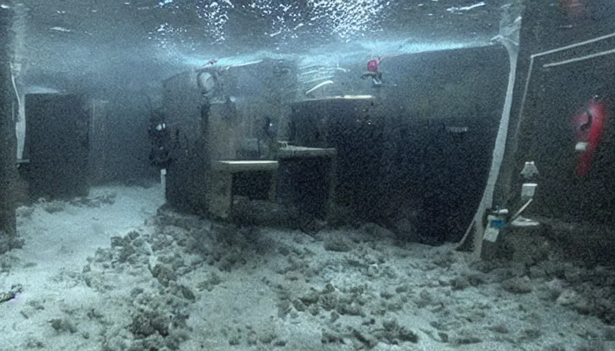 Image similar to Big budget horror movie, outside an undersea science building deep under water