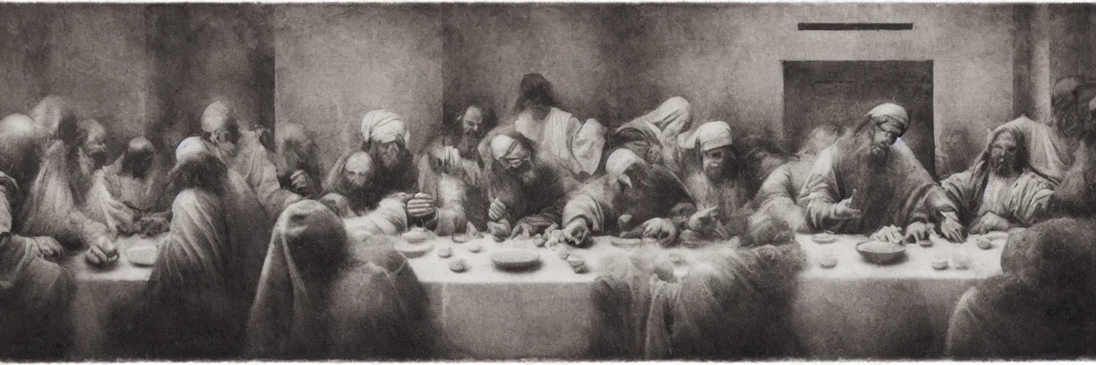 Image similar to Award Winning Editorial 84° wide-angle picture of a Tramps with bowed heads in a Soup Kitchen by David Bailey and daVinci, called 'The Last Supper', 85mm ND 5, perfect lighting, gelatin silver process