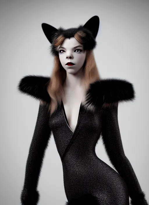 Image similar to full body environmental portrait photo of dressed catgirl anya taylor - joy, cat ears made from fur, glamour shot by gemmy woud - binnendijk, chris knight, photorealistic, canon r 3, fashion photography, elegant, luxury and elite, symmetry, octane render, unreal engine, solid dark grey background, dramatic lights, high fashion journal cover